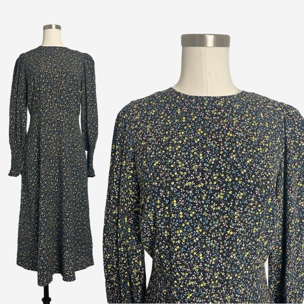 Boden NWT Black floral smocked cuff midi dress folksy prairiecore cottagecore 6